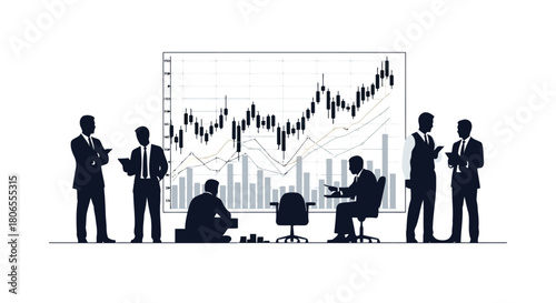 Illustration of business people silhouettes gathered around a stock market graph, analyzing financial data and market trends