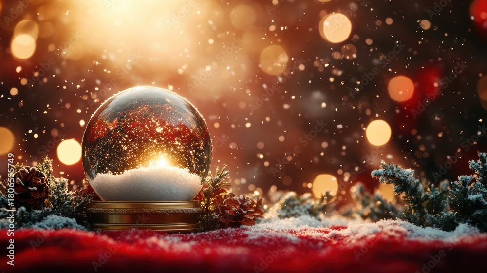Fototapeta premium Christmas tree in Glass snow globe on red background, Christmas decorative design with white snowdrift,snowflakes,glow garland,3d decorative garland glow.Xmas Decorations,Vector illustration.