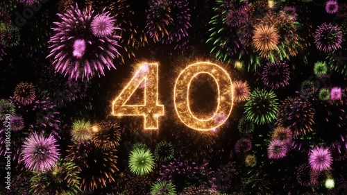 Number 40 surrounded by fireworks. Festive video for birthday or anniversary party