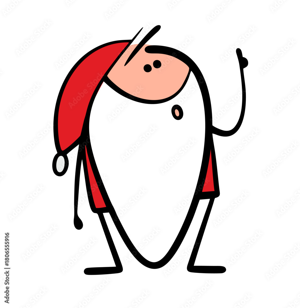 Naklejka premium Cartoon Santa Claus points up with his finger, draws attention to important information. Funny vector illustration for New year or Christmas.