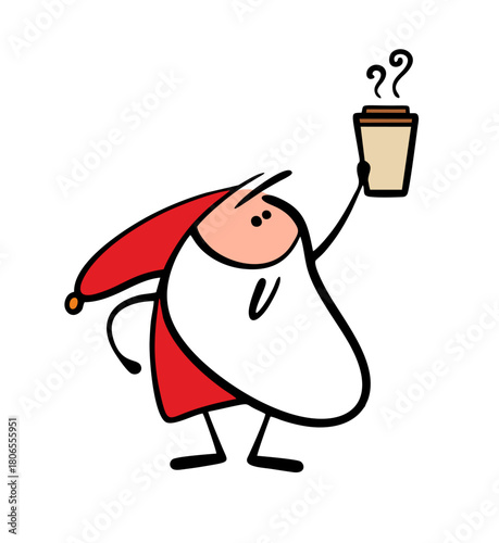 Very happy cartoon Santa Claus is drinking coffee. Vector illustration advertising a Christmas drink in a paper cup from a fairy-tale character.