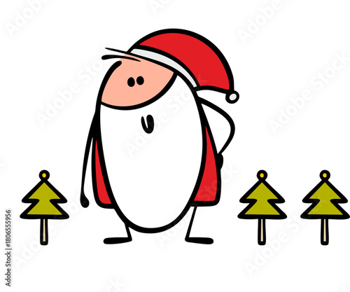 Happy Santa Claus looks at the small Christmas trees in the forest with fancy toys on top. Vector illustration of  fairy-tale character preparing for New Year and Christmas.