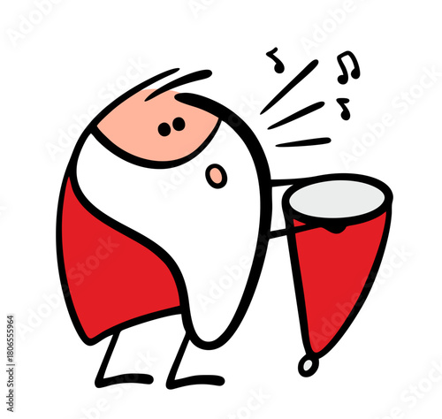 Unfortunate Santa Claus has taken off  hat and singing  song or  Christmas carol, asking for money for new year. Vector illustration of a sad Christmas on the streets of  city, fairy-tale character. 