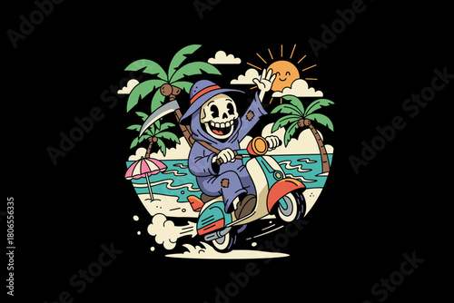 Grim Reaper riding a scooter on a tropical beach.