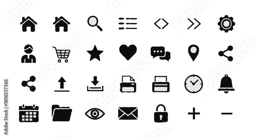 User Interface Icon Grid – 30 Black Symbols in Square Tiles on Light Gray Background