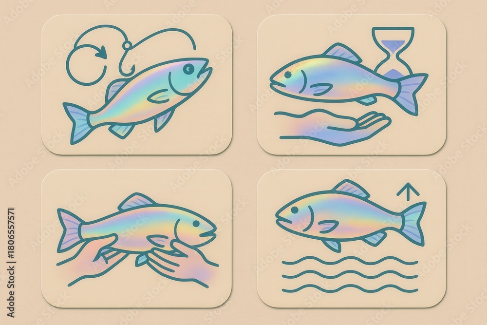 Naklejka premium Creative infographic illustrating the life cycle of fish showcasing spawning, nurturing, and swimming patterns complemented by vibrant colors and simplified icons