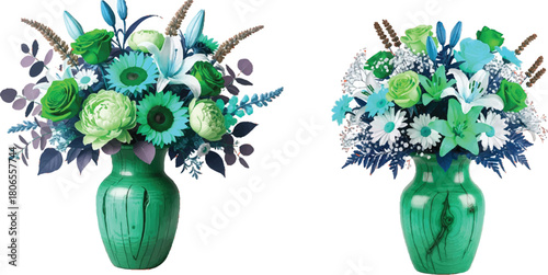 The image features two bouquets, each arranged in a bright green, weathered vase, set against a clean white background. Both bouquets are composed of green, light blue, and white flowers, 