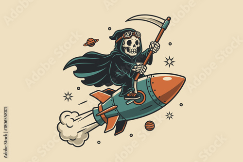 Grim Reaper Riding Rocket in Space.