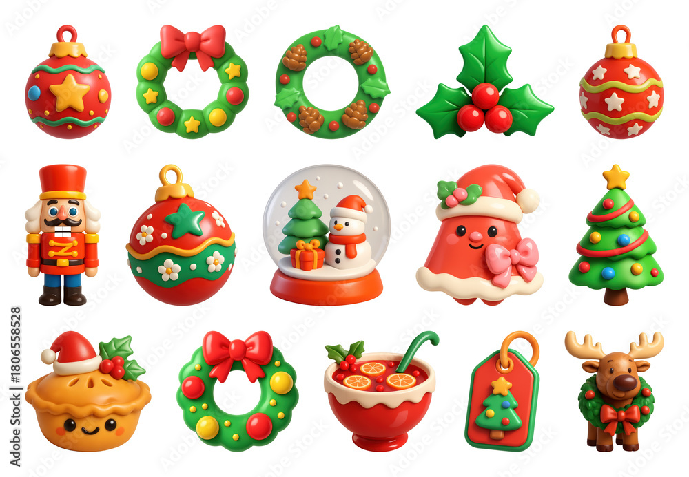 Naklejka premium PNG Festive Christmas cartoon decorations, element set on transparent background