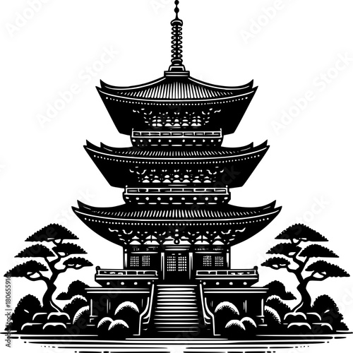Elegant Pagoda: Captivating monochrome image of an elegant pagoda, embodying the serene beauty of Japanese architecture. This structure stands tall, representing tranquility.