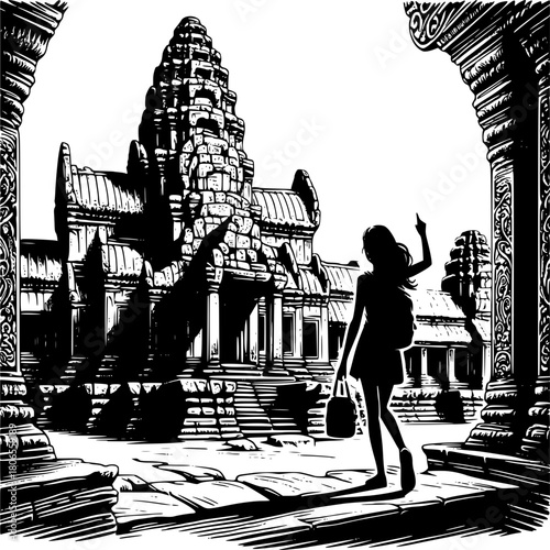 Ancient Exploration: A silhouetted figure stands before an ancient temple, contemplating its grand history.
