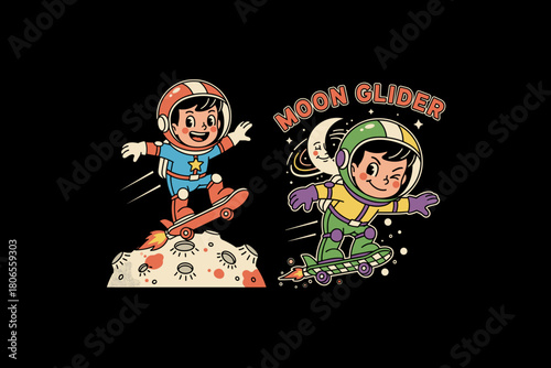 Astronauts riding skateboards on the moon with a crescent moon i