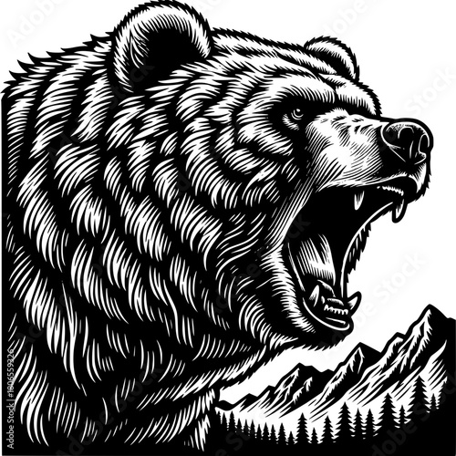 Roaring Grizzly Bear in the Wilderness: A fierce grizzly bear roars with primal energy against a backdrop of towering mountains, symbolizing strength, wilderness, and untamed nature.