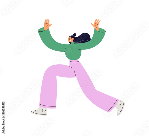 Happy excited woman running, jumping with joyful positive expression, arms up. Young emotional funny girl celebrating, smiling, energetic gesture. Flat vector illustration isolated on white background
