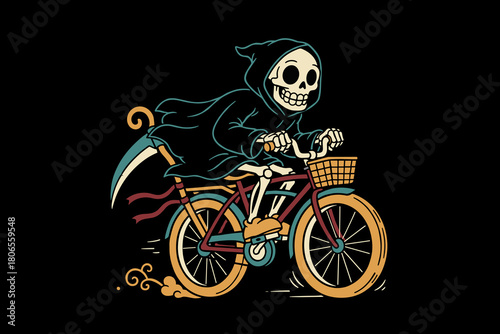 Grim Reaper riding a bicycle with a scythe.