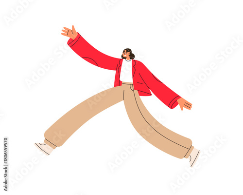 Happy woman running. Joyful young girl overjumping, energetic movement. Active excited female smiling, positive cheerful carefree expression. Flat vector illustration isolated on white background