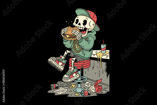 Skeleton character enjoying a burger and soda.