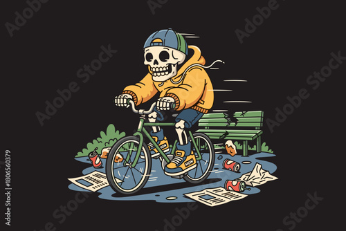 Skeleton character riding a bicycle with a casual outfit.