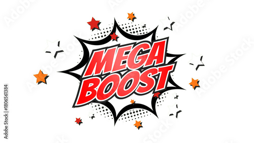 MEGA BOOST – Comic Pop Art text png with transparency. PNG transparent image. Vintage colorful cartoon animation with explosion of speech bubble message