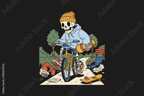 Skeleton character riding a bicycle wearing a beanie and hoodie.