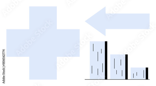 Bar chart showing upward growth, intersecting plus sign, and directional arrow pointing right. Ideal for business, improvement, success, statistics, health decision-making data analytics. Simple