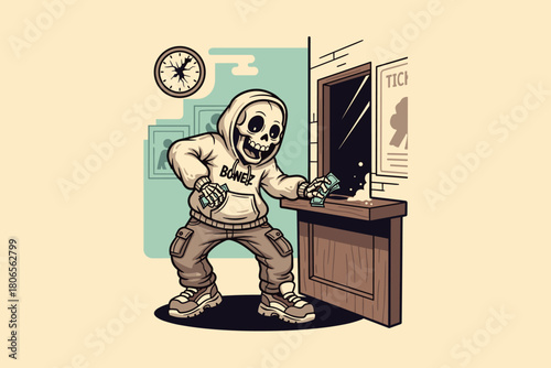 Skeleton character in hoodie attempting to rob a store.