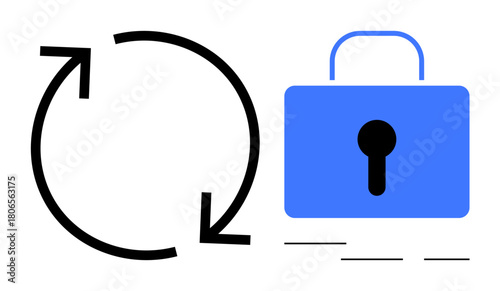 Circular arrows representing process or continuity and blue lock symbolizing data security. Ideal for cybersecurity, encryption, online safety, privacy, data backup, system update, secure connection
