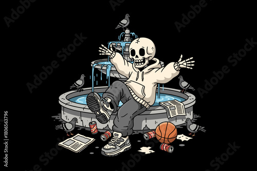 Skeleton chilling in a fountain with a basketball.