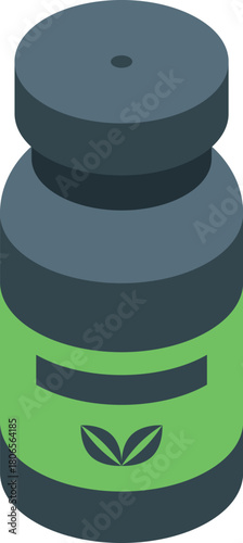 Isometric cbd medical cannabis extract oil bottle packaging with two leaves logo promoting natural healing and wellness