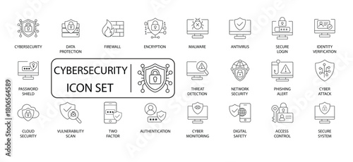 Cybersecurity line icon set for data protection, network security, digital safety, and access control. Essential vector graphics for modern technology design.