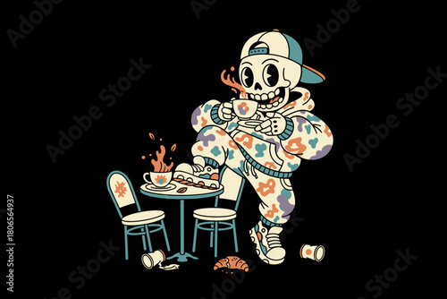 Cartoon Skeleton Enjoying Coffee Break with Flames and Croissant