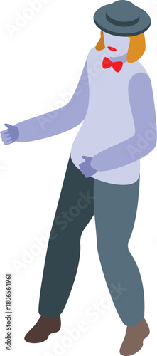 Street artist wearing a hat and red bow tie is performing a pantomime show, using body language and facial expressions to communicate