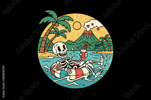 Skeleton Relaxing on Inflatable Ring in Tropical Ocean.