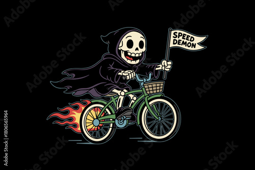 Grim Reaper Speed Demon Riding Bicycle with Flaming Wheels.