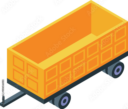 Yellow farm trailer ready for transporting goods, isometric projection