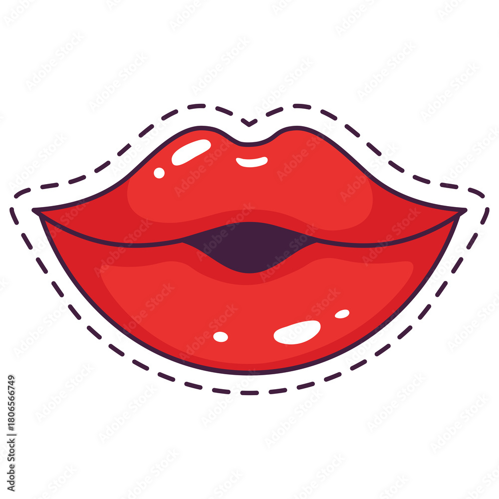 Obraz premium Glossy Red Lips with Purple Accents Kissing Mouth Graphic Sticker with Dashed Border on Transparent Background