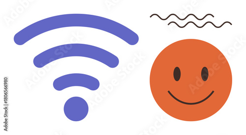 wireless signal icon beside a smiling orange face with wavy lines above. Ideal for communication, internet, technology, happiness, connectivity, positivity, emotions. A simple flat metaphor