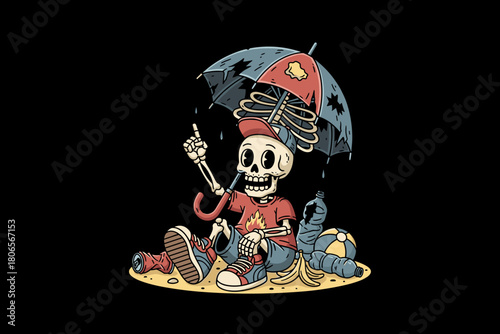 Skeleton character with umbrella and toys on the beach.