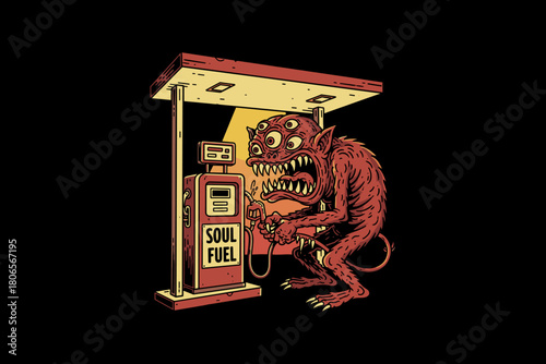 Scary Red Monster Filling Up At A Soul Fuel Gas Station.