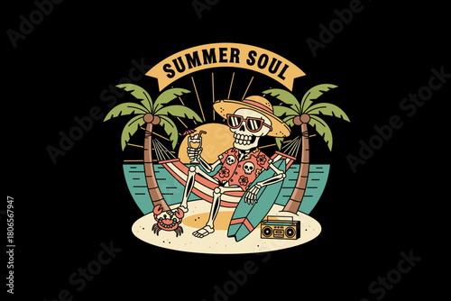 Skeleton enjoying summer vacation on a tropical beach.