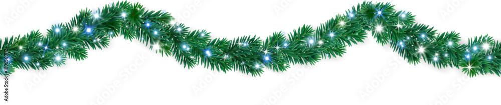 Obraz premium Seamless Christmas tree garland with blue, white, and silver baubles and glowing lights. Realistic festive border for Christmas design, greeting cards, and banners.