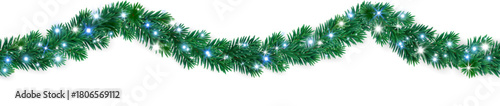 Seamless Christmas tree garland with blue, white, and silver baubles and glowing lights. Realistic festive border for Christmas design, greeting cards, and banners.