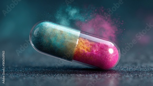 A vibrant capsule with teal and pink contents, slowly releasing its potency into the surrounding space, symbolizing health and innovation.