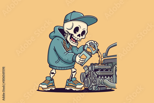 Skeleton mechanic pouring oil into car engine wearing hoodie and
