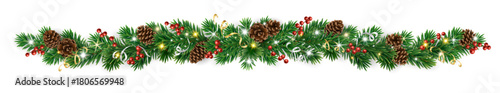 Christmas garland with pine cones, holly berries, golden ribbons, and lights. Elegant festive border for cards and banners. Transparent background in vector file.