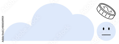 Cloud shape, coin, and neutral face symbolizing cloud storage, digital cost, emotion, and decision-making. Ideal for technology, expense value finance data minimalism. Simple flat metaphor