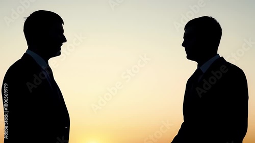 Silhouette of Two Businessman Facing Each Other Against a Sunset Sky