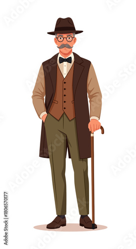 Distinguished Elderly Gentleman Cartoon Vector: Stylish Senior Man in Vintage Fashion with Hat, Waistcoat, and Walking Cane
