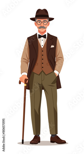 Distinguished Elderly Gentleman Cartoon Vector: Stylish Senior Man in Vintage Fashion with Hat, Waistcoat, and Walking Cane