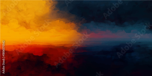 Dramatic fire orange and red sunset paints the mountain landscape, turning the evening sky and clouds into a vibrant cloudscape of light and dark